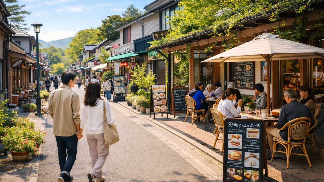 旧軽井沢エリアの街並み alt案:旧軽井沢で街歩きとカフェ巡りを楽しむ様子