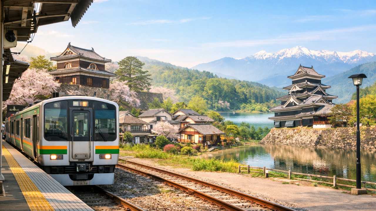 画面手前に駅ホームと電車、奥に上田城・小布施の町並み・軽井沢の自然・松本城をやわらかくコラージュした構図