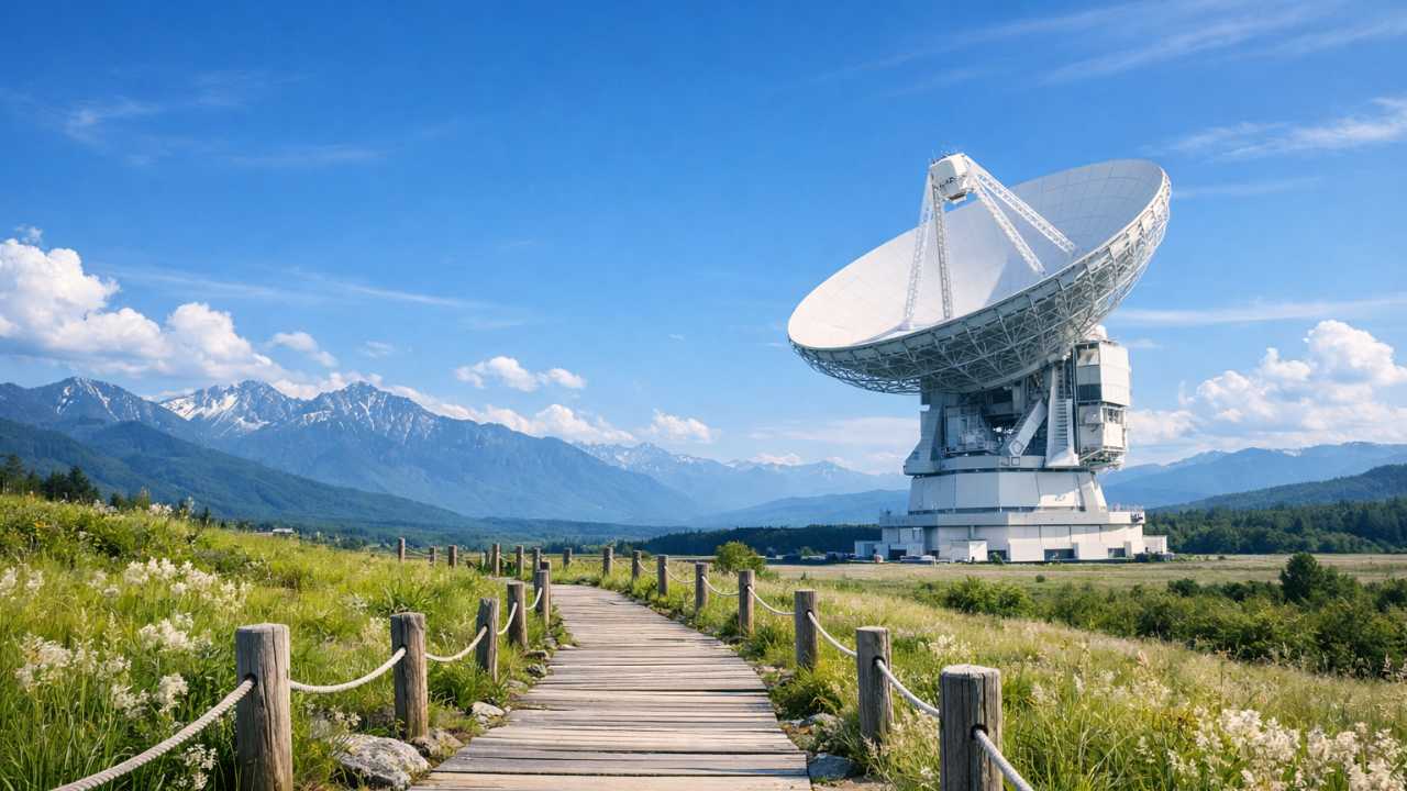 野辺山宇宙電波観測所長野の高原空と巨大電波望遠鏡を主役にし、手前に旅の始まりを感じる遊歩道、遠景に山並み