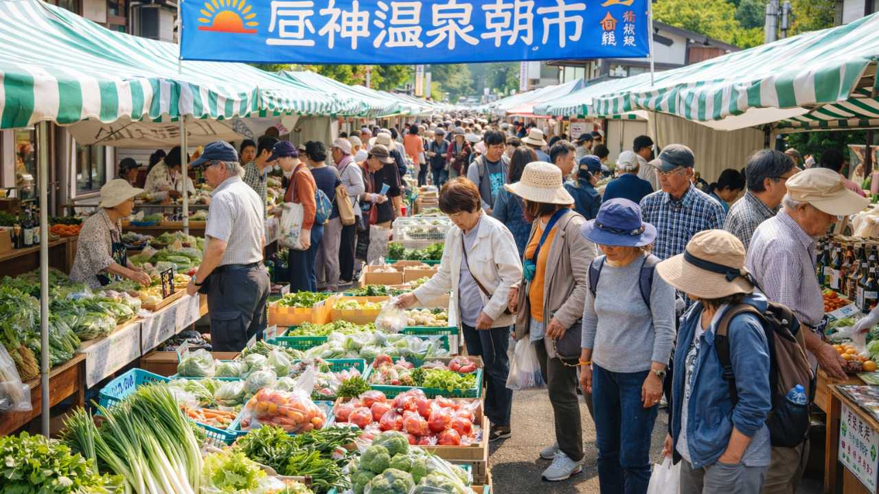 昼神温泉朝市のにぎわいと地元野菜が伝わる写真風ビジュアル