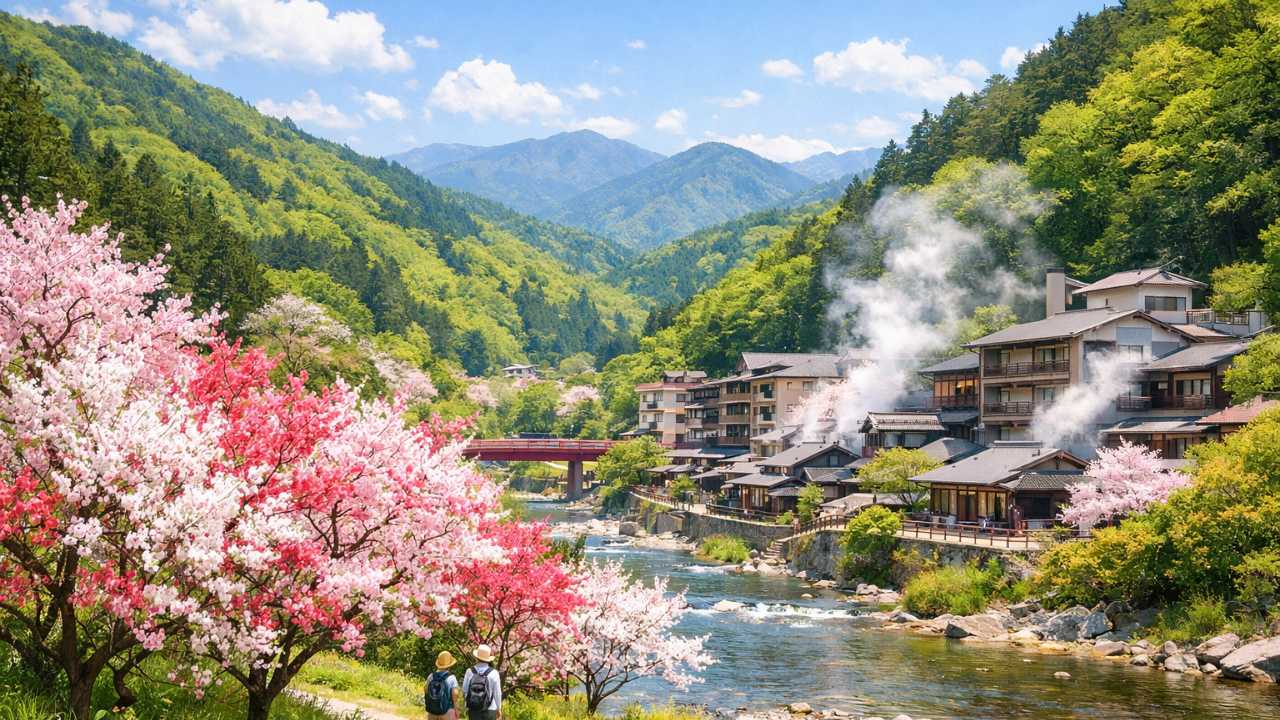 花桃の淡い赤白ピンク、昼神温泉のやわらかな湯けむり、高原の緑、穏やかな山並み