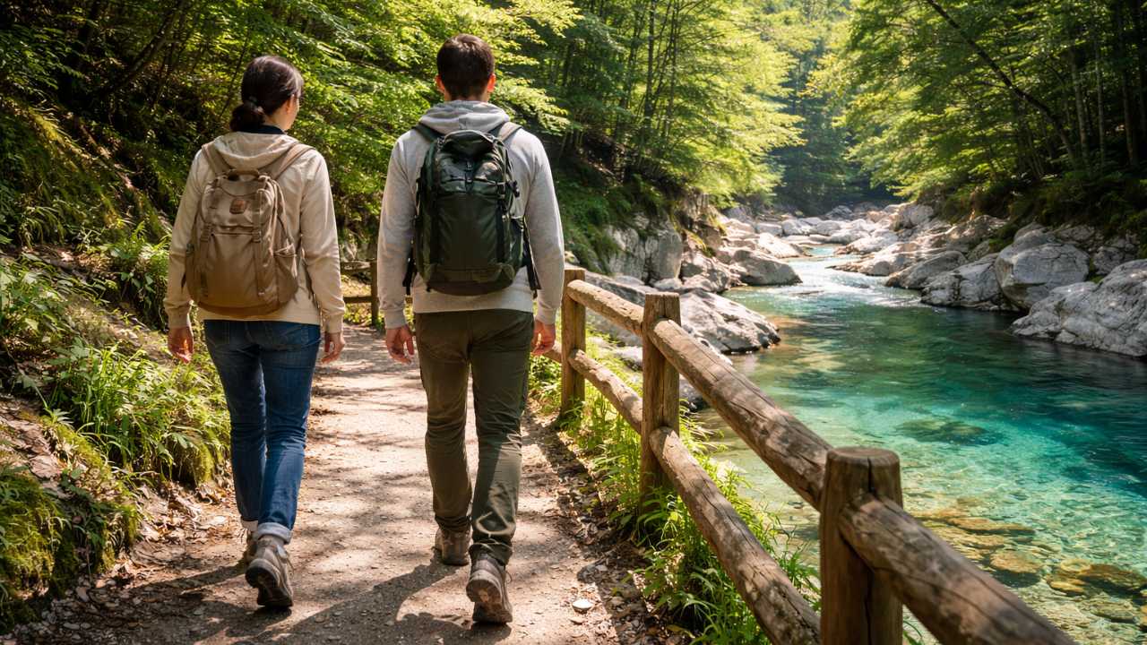 渓谷の遊歩道を歩くハイキングイメージ