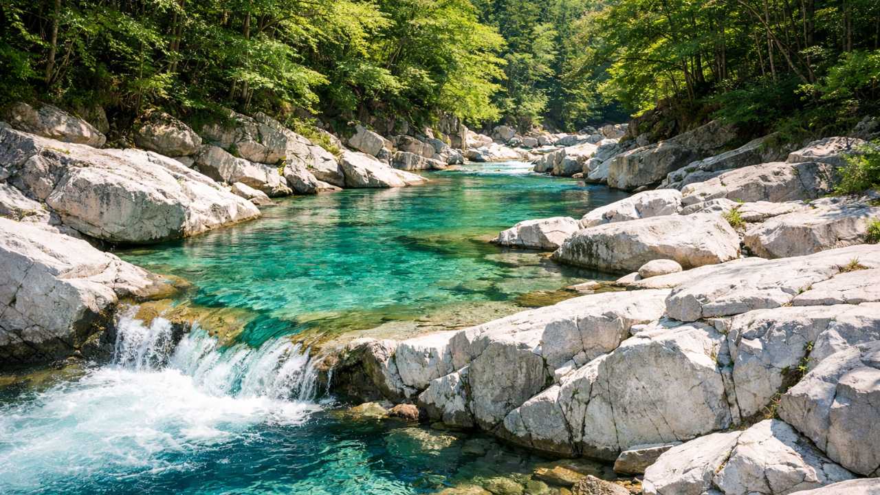 長野県の阿寺渓谷、透明度の高いエメラルドブルーの清流
