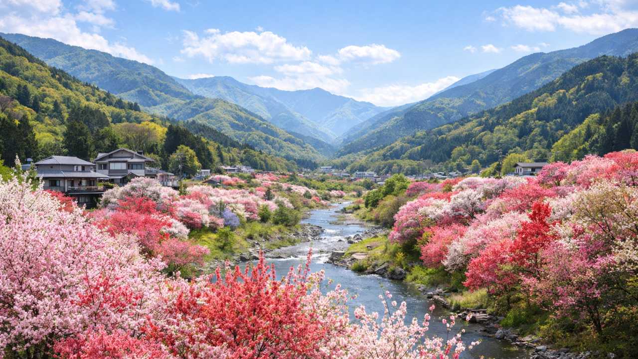 春の阿智村をテーマにした横長ビジュアル。月川温泉周辺の花桃の里を思わせる