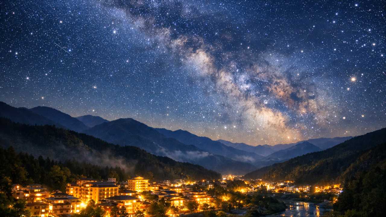 長野県阿智村の山並みの上に満天の星空と天の川が広がり、手前には落ち着いた昼神温泉街のやわらかな灯りが見える