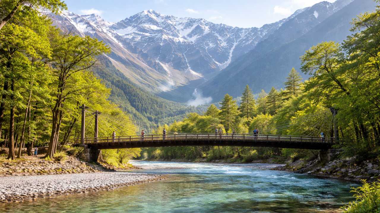上高地の河童橋、透き通る梓川、背景に穂高連峰