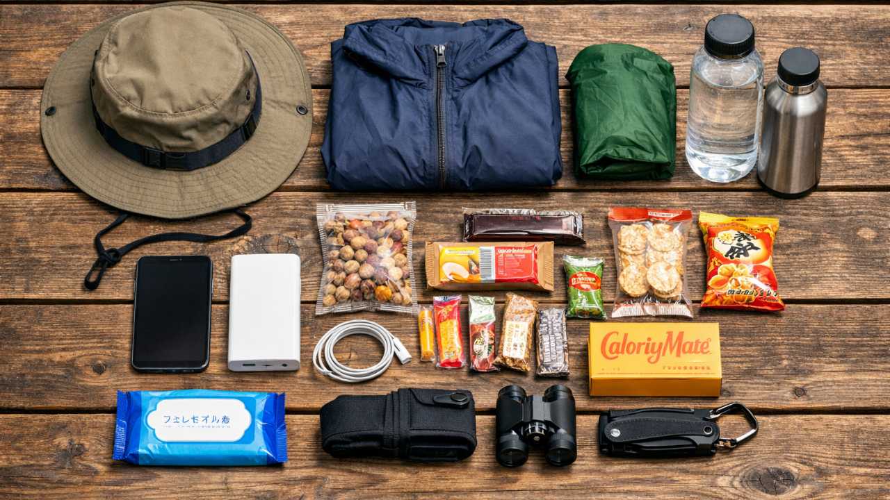 上高地散策用の持ち物を木のテーブルに整然と並べた俯瞰写真、帽子、雨具、飲み物、行動食、スマホ、モバイルバッテリー、ウェットティッシュ