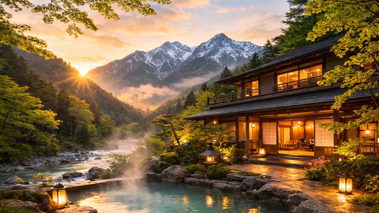 長野の山あいにひっそり佇む上質な和風旅館、北アルプスを感じる自然背景