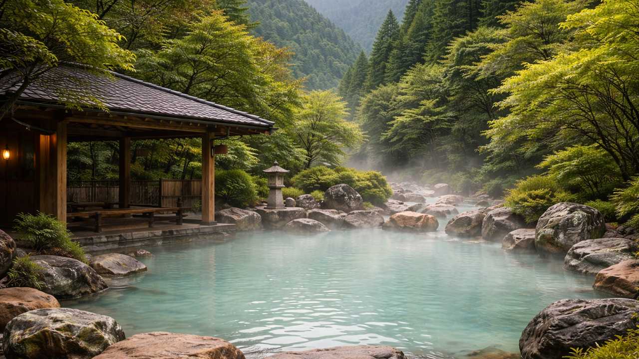 乳白色の露天風呂と山の緑が調和する長野の秘湯風景