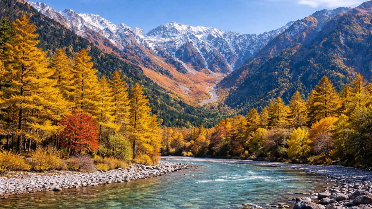 上高地で色づき始めた秋の山々とカラマツの黄葉