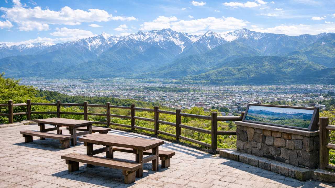 松本市アルプス公園の展望スポットと北アルプス