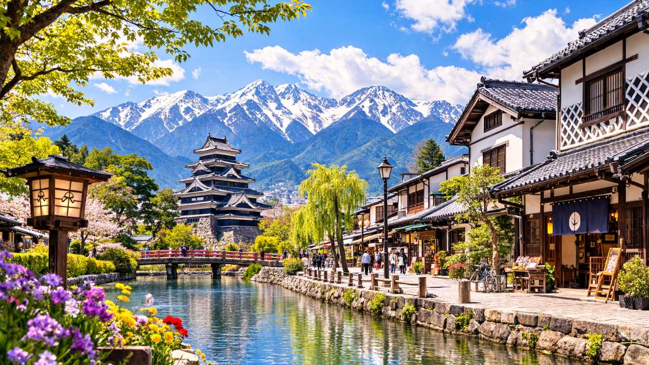 松本市観光の穴場をイメージできる街並みと山の風景