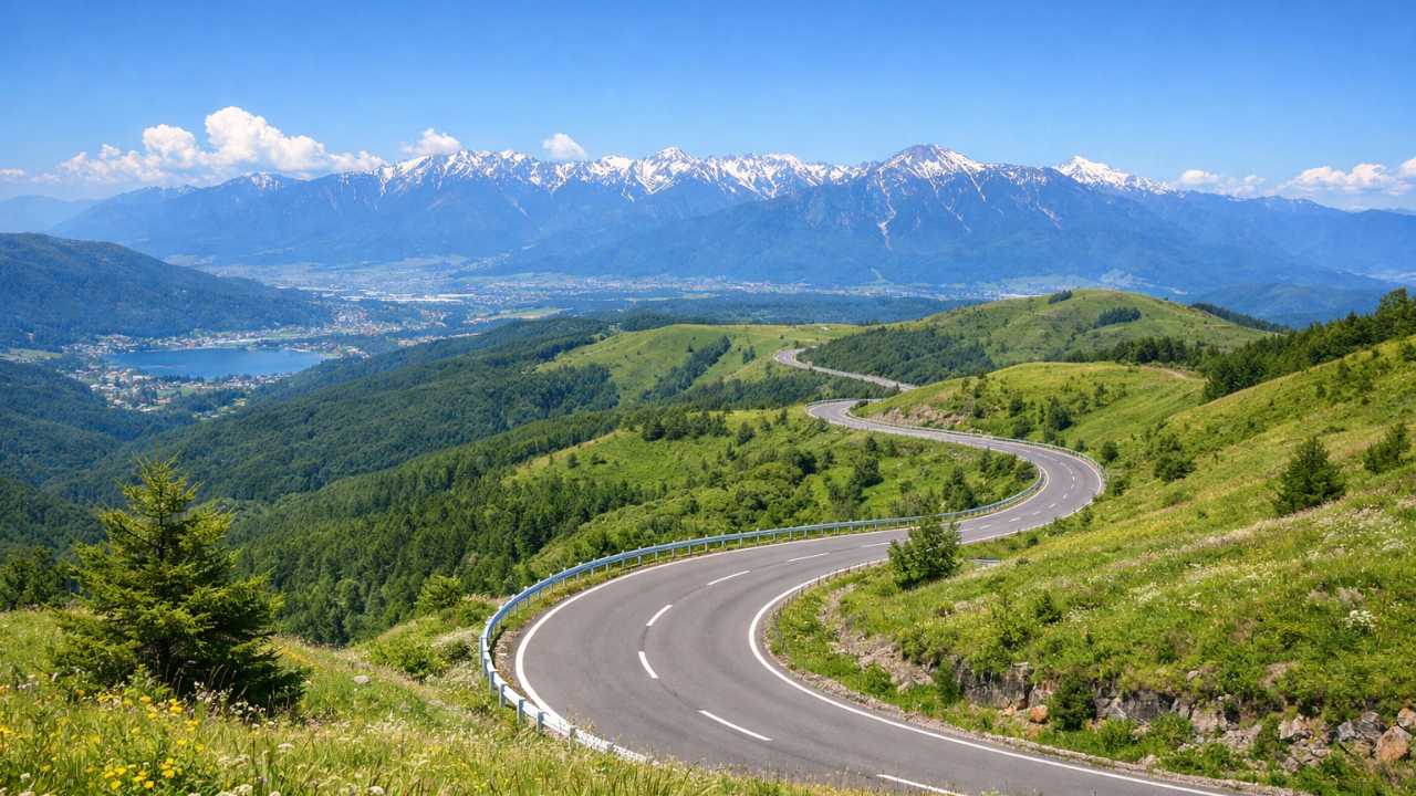 長野県のビーナスラインを見下ろす高原の絶景、ゆるやかにカーブする山岳道路