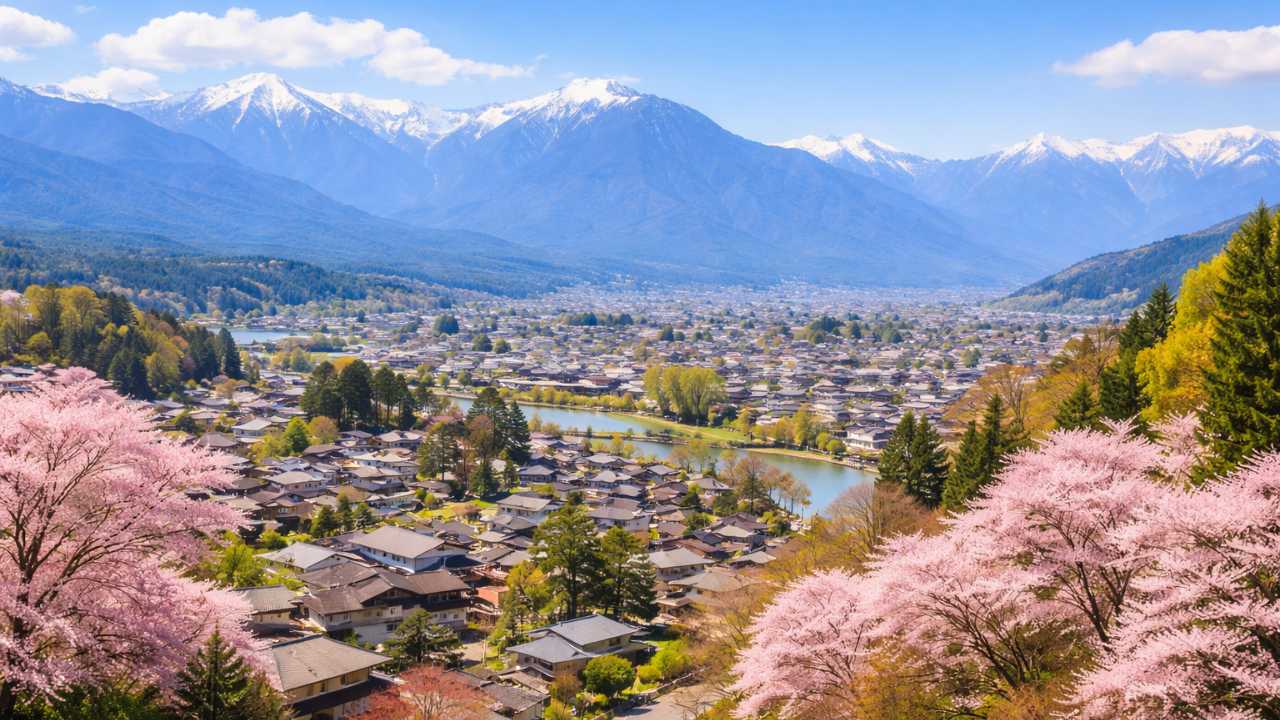 春の伊那市を象徴する風景、遠景に山並み、手前に落ち着いた街並み