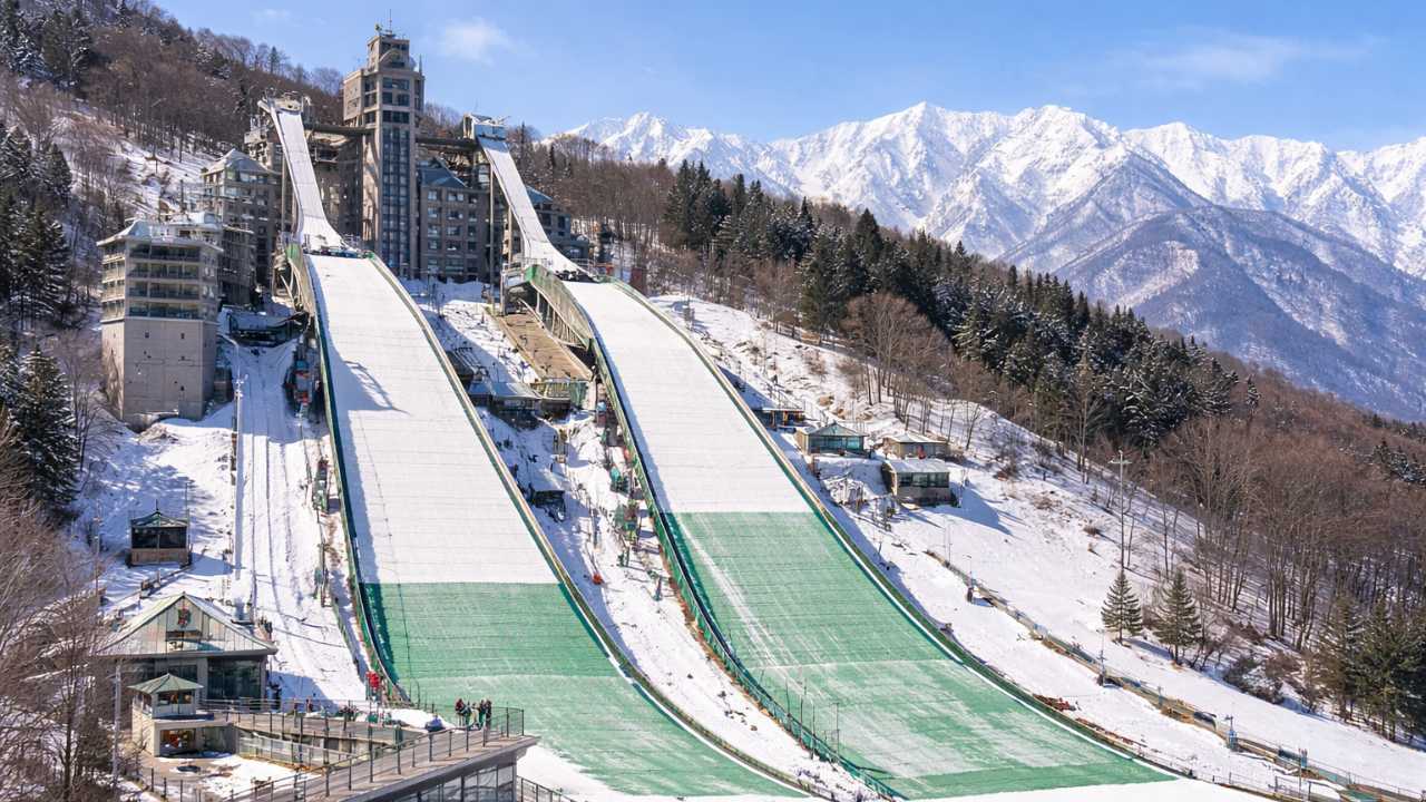 「白馬ジャンプ競技場は観光と競技の両面で人気を集める現役スポット」の直下 ジャンプ台とスタートタワーが分かる写真