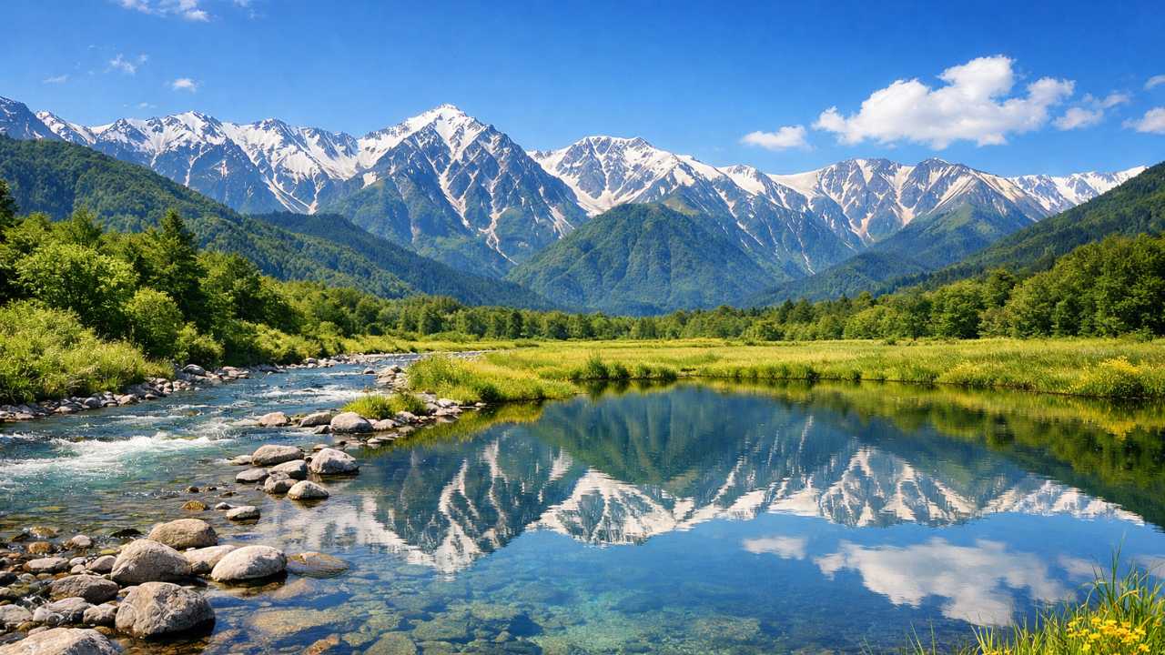 北アルプスの山並み、澄んだ川、水鏡のような池、青空を一枚に感じさせる爽やかな風景