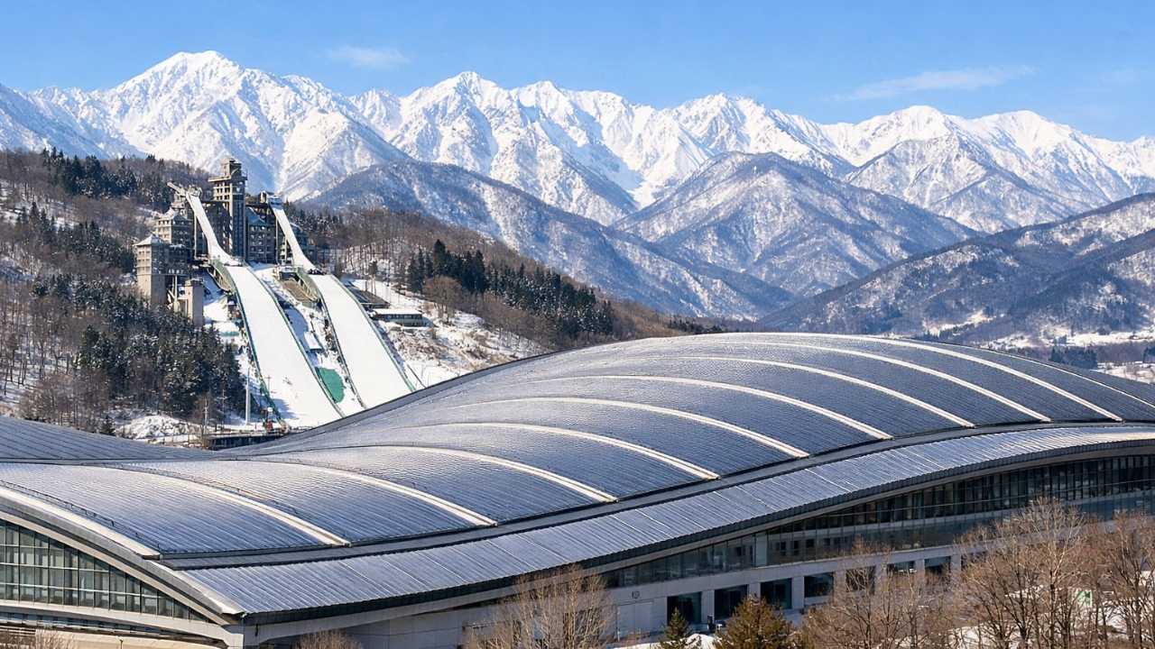 長野オリンピック会場の現在をテーマにした横長アイキャッチ。手前にエムウェーブの象徴的な屋根、奥に白馬ジャンプ競技場のジャンプ台と雪山の景観