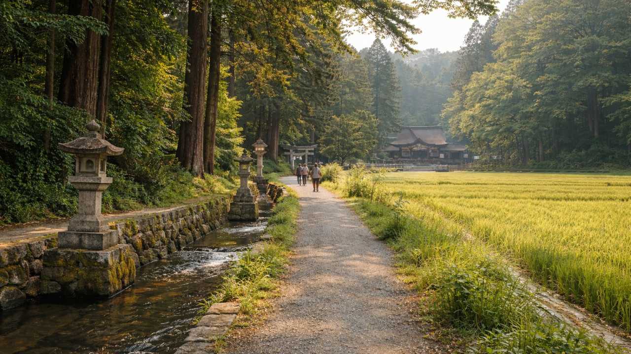 諏訪大社下社春宮から万治の石仏へ向かう散策路を表現した旅行記事用画像