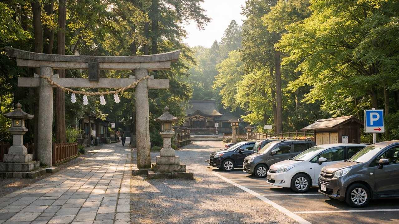木立に囲まれた神社の落ち着いた雰囲気、石の鳥居、参道へ向かう導線、観光用駐車場の存在が自然に伝わる構図