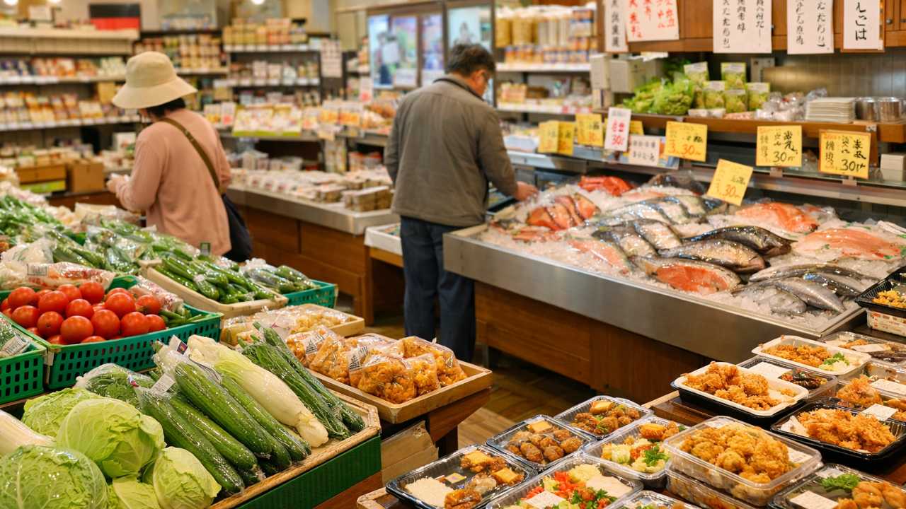 長野県東御市のローカルスーパーをテーマにしたアイキャッチ画像。新鮮な野菜、鮮魚、手作り惣菜が感じられる温かい店内の雰囲気