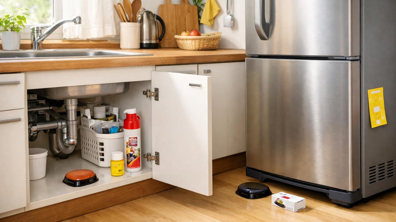 長野県の一般家庭をイメージした清潔なキッチン、シンク下や冷蔵庫まわりの害虫対策を連想させる構図