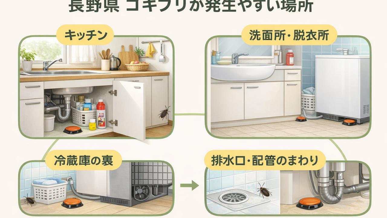 長野県の住宅でゴキブリが発生しやすい場所を示すシンプルな図解、キッチン、洗面所、排水口、冷蔵庫裏、配管周辺を分かりやすく表示