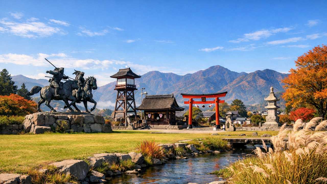 長野県の川中島古戦場を広角で捉えた歴史観光向けアイキャッチ。前景に芝生と小川、中景に一騎討ち像や八幡社を想起させる和風モチーフ