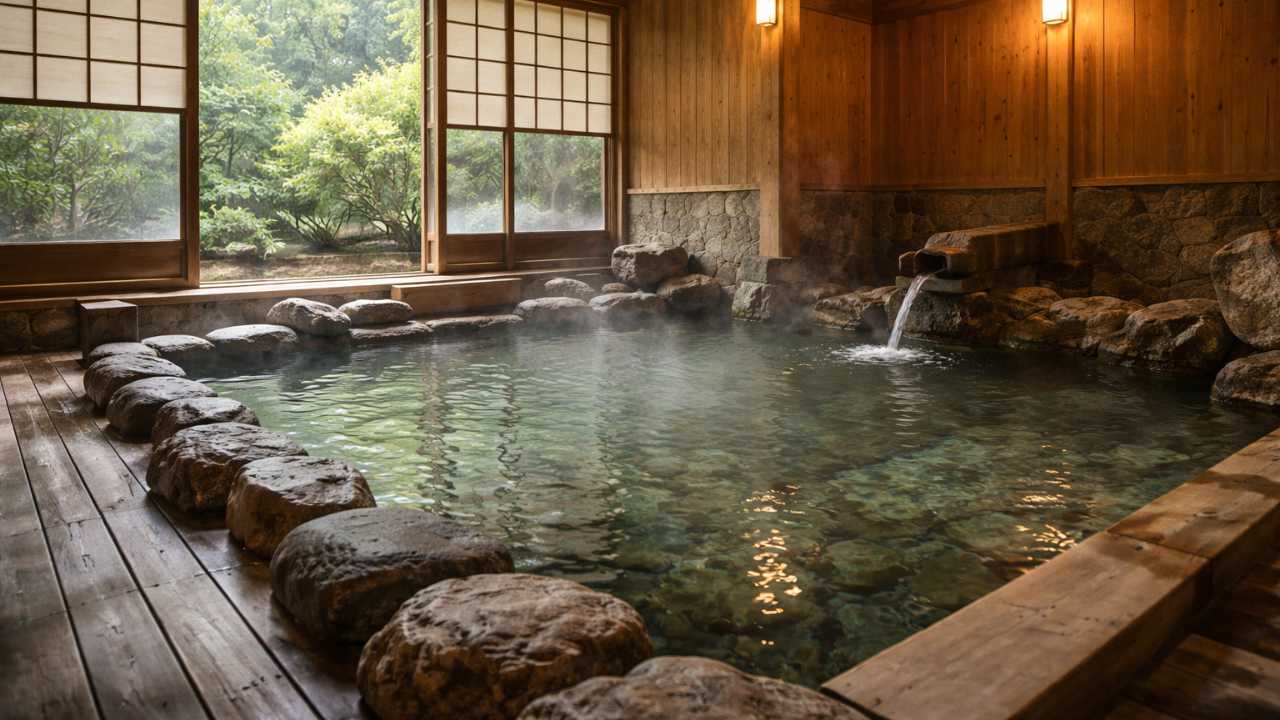 霊泉寺温泉 遊楽ぬる湯の魅力が伝わる落ち着いた内湯、木と石の質感