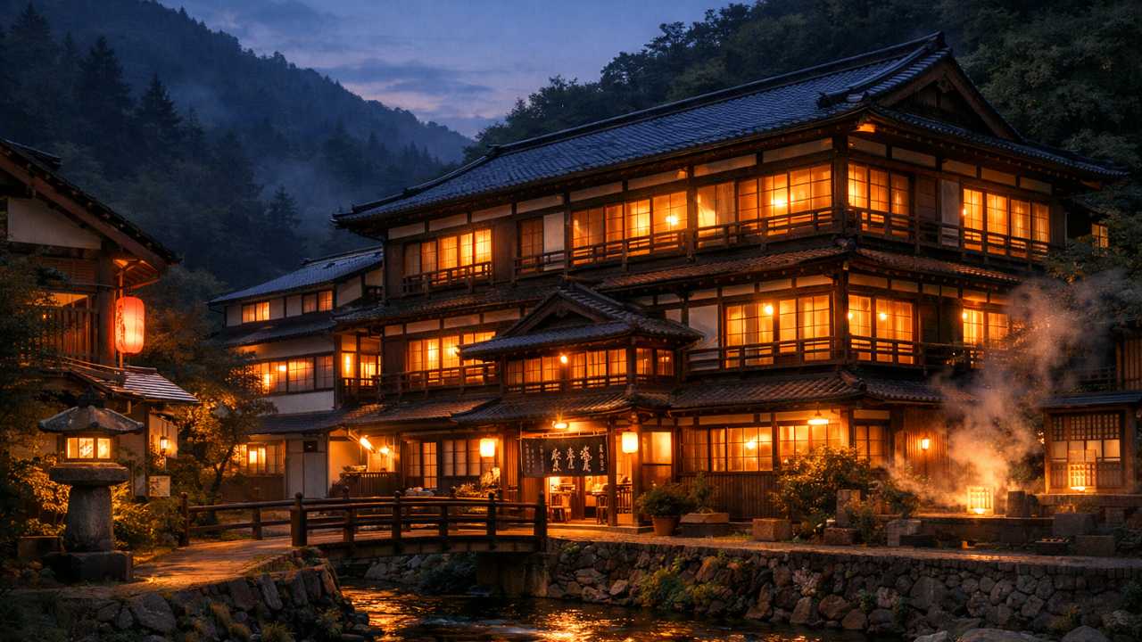 長野県青木村の田沢温泉にある歴史ある木造旅館を、夕暮れから夜にかけての幻想的な雰囲気で描く
