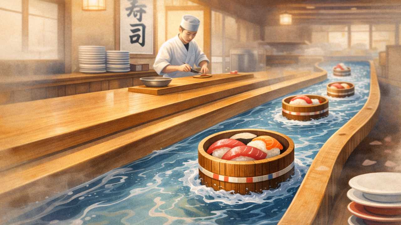 創業当時の「寿司桶が水路を流れる」イメージ図