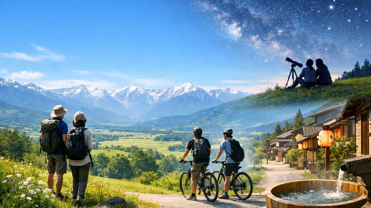 北アルプスを望む開放的な高原風景を背景に、ハイキング、サイクリング、星空観賞、温泉街散策を連想できる爽やかで上質な旅行イメージ