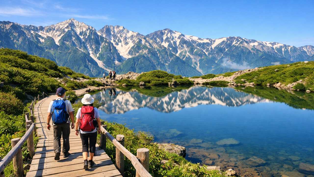 夏の白馬、澄んだ青空の下で八方池に北アルプスが映り込む広角風景写真