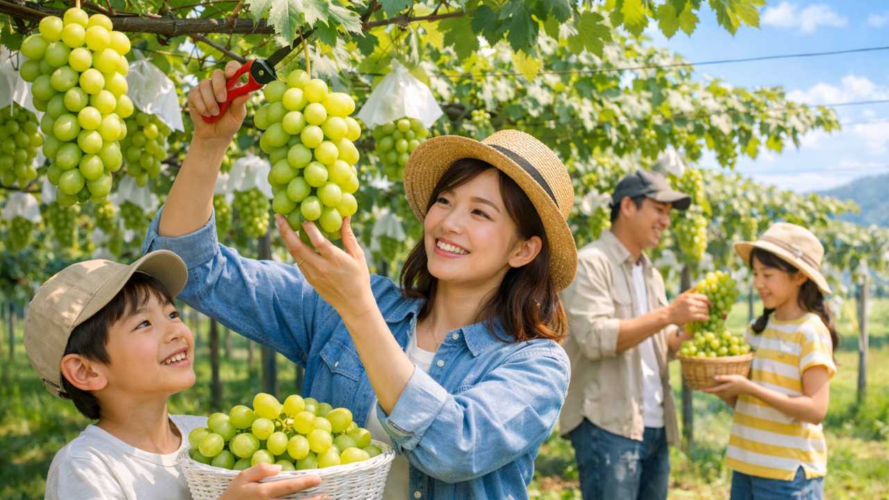 初秋の長野県のぶどう園で、たわわに実ったシャインマスカットを収穫している様子