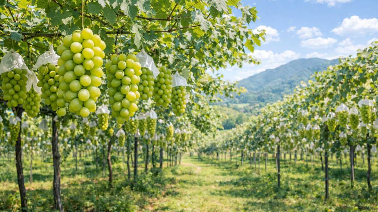 長野県でシャインマスカット狩りの時期を迎えたぶどう園の風景