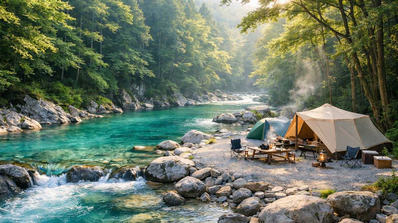 阿寺渓谷キャンプ場の静かなサイトと渓流風景