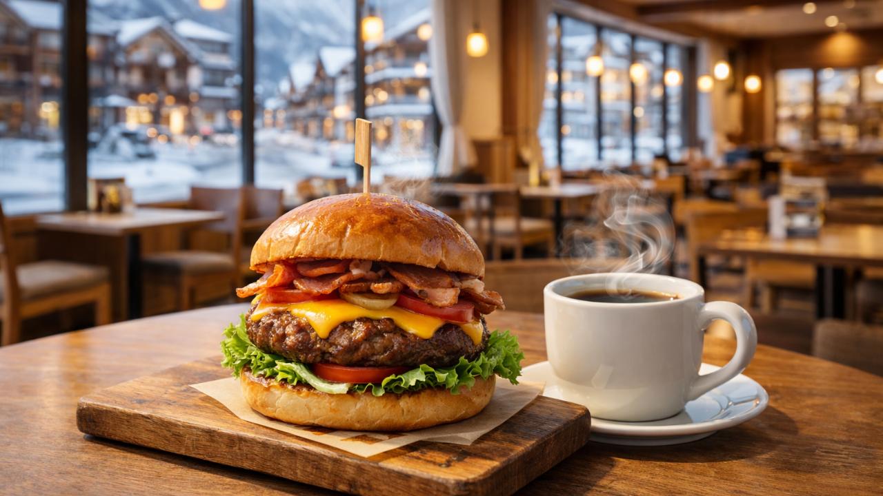 白馬のリゾート街で、カフェ風の落ち着いた店内にハンバーガーとコーヒーが並ぶ様子
