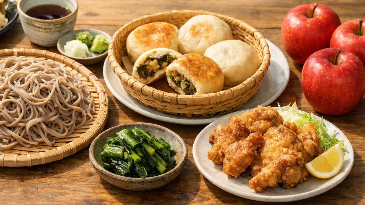 長野県の代表グルメを明るく清潔感のある旅行メディア風に撮影した横長ビジュアル。木のテーブルに信州そば、おやき、野沢菜漬け、山賊焼き、赤いりんごをバランスよく配置