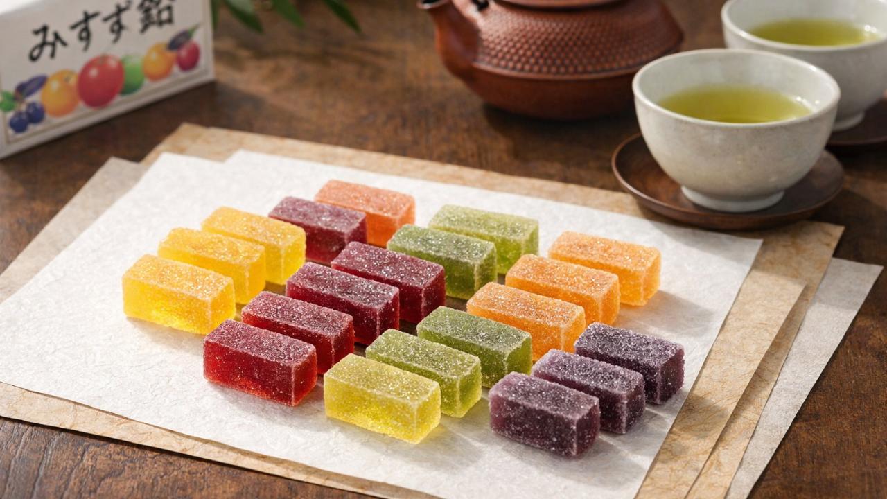 カラフルなみすず飴を和紙や茶器とともに配置した上品なテーブルフォト、落ち着いた和風背景