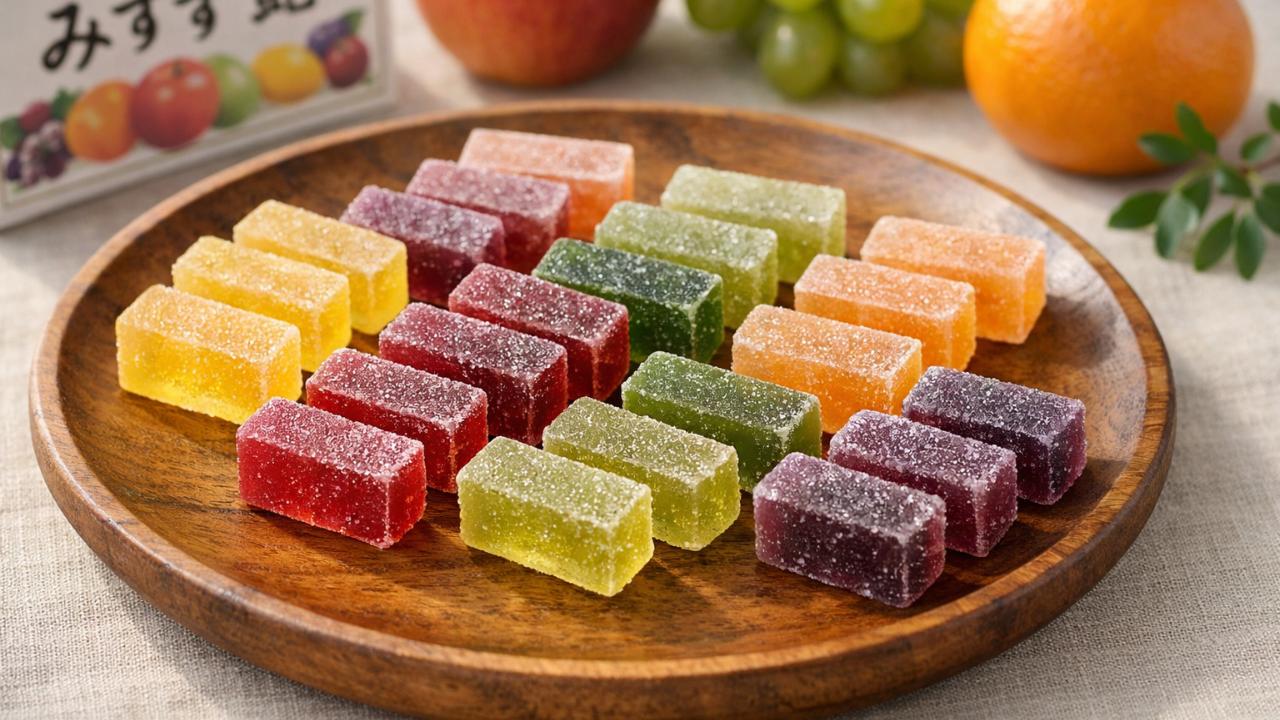 長野の老舗銘菓「みすず飴」を木皿の上に美しく並べた和モダンな商品写真風