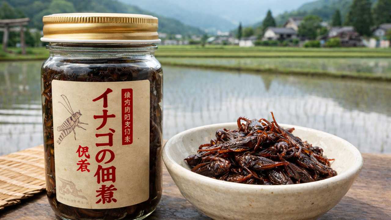 長野県伊那谷の物産店で販売されるイナゴの佃煮、瓶詰めと小鉢、田園文化を感じる背景