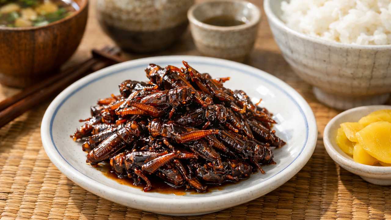 長野県の郷土食として小皿に美しく盛り付けられたイナゴの佃煮