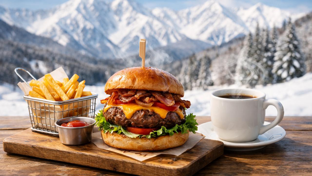 白馬の雪景色を背景に、木製テーブルの上に湯気の立つグルメハンバーガーとフライドポテト、横に温かいコーヒー