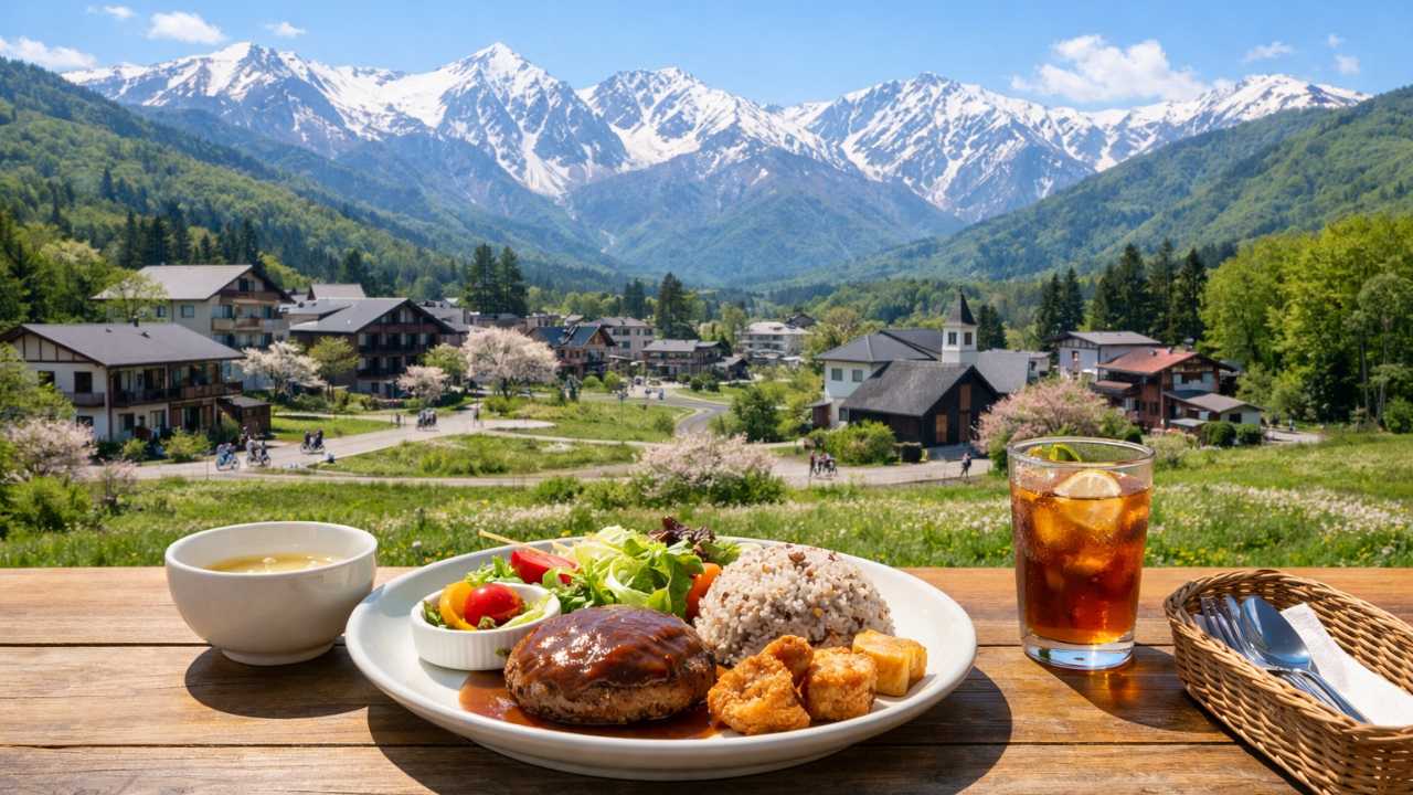 長野県白馬村の春から初夏の昼、北アルプスの山並みを背景にした白馬村の街並み