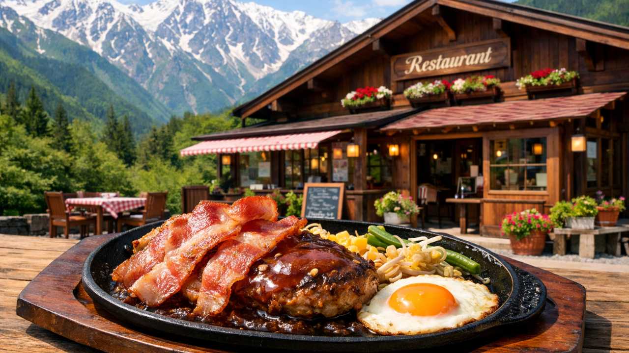 白馬の山並みを背景に、温かみのある山小屋風の洋食店外観と鉄板に盛られたベーコン系ランチを組み合わせた旅行ブログ用ビジュアル