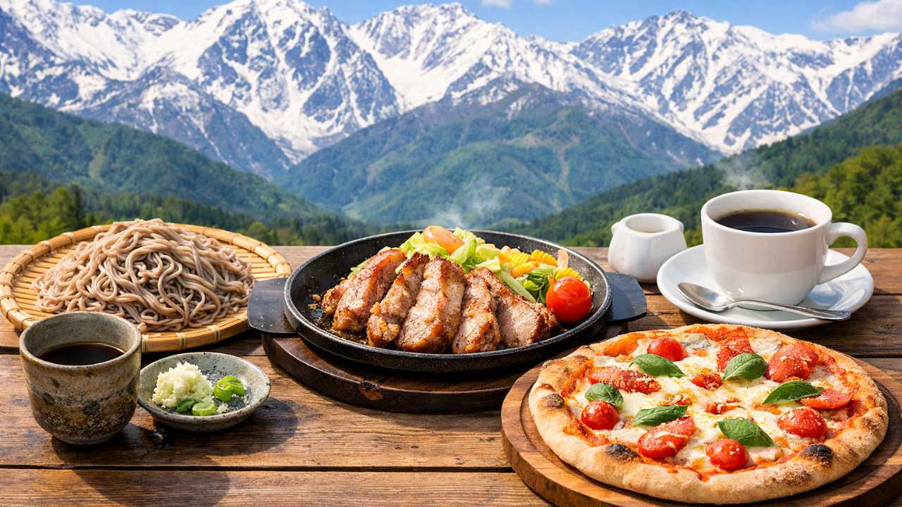 白馬の北アルプスを背景に、木の温もりがあるテーブルへ信州そば、白馬豚の料理、焼きたてピザ、コーヒーをバランスよく配置した、旅行気分が伝わる明るいグルメビジュアル