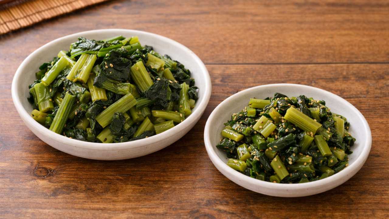 野沢菜漬けを器に盛り、刻んだ状態も並べた導入カット