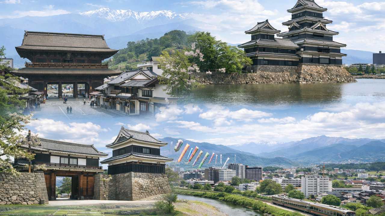 長野県の移住候補地を比較するイメージビジュアル。長野市、松本市、上田市、佐久市を連想させる街並みの要素をコラージュ風