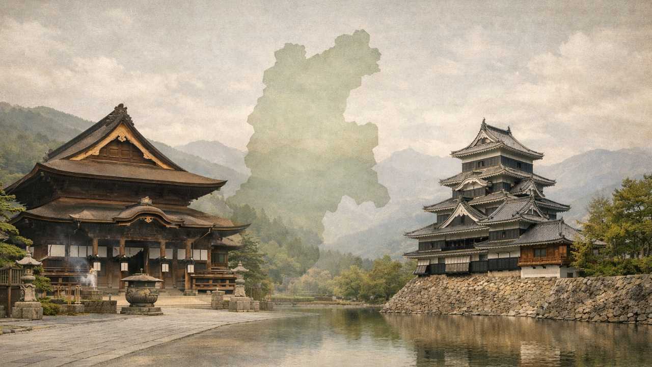 長野県の長野市と松本市の個性の違いを表現した、旅行ブログ用の横長アイキャッチ画像。左側に善光寺、右側に松本城