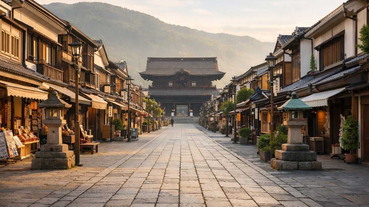 長野駅から善光寺へ続く表参道を、朝のやわらかい光の中でまっすぐ見通した旅行記事向けのアイキャッチ