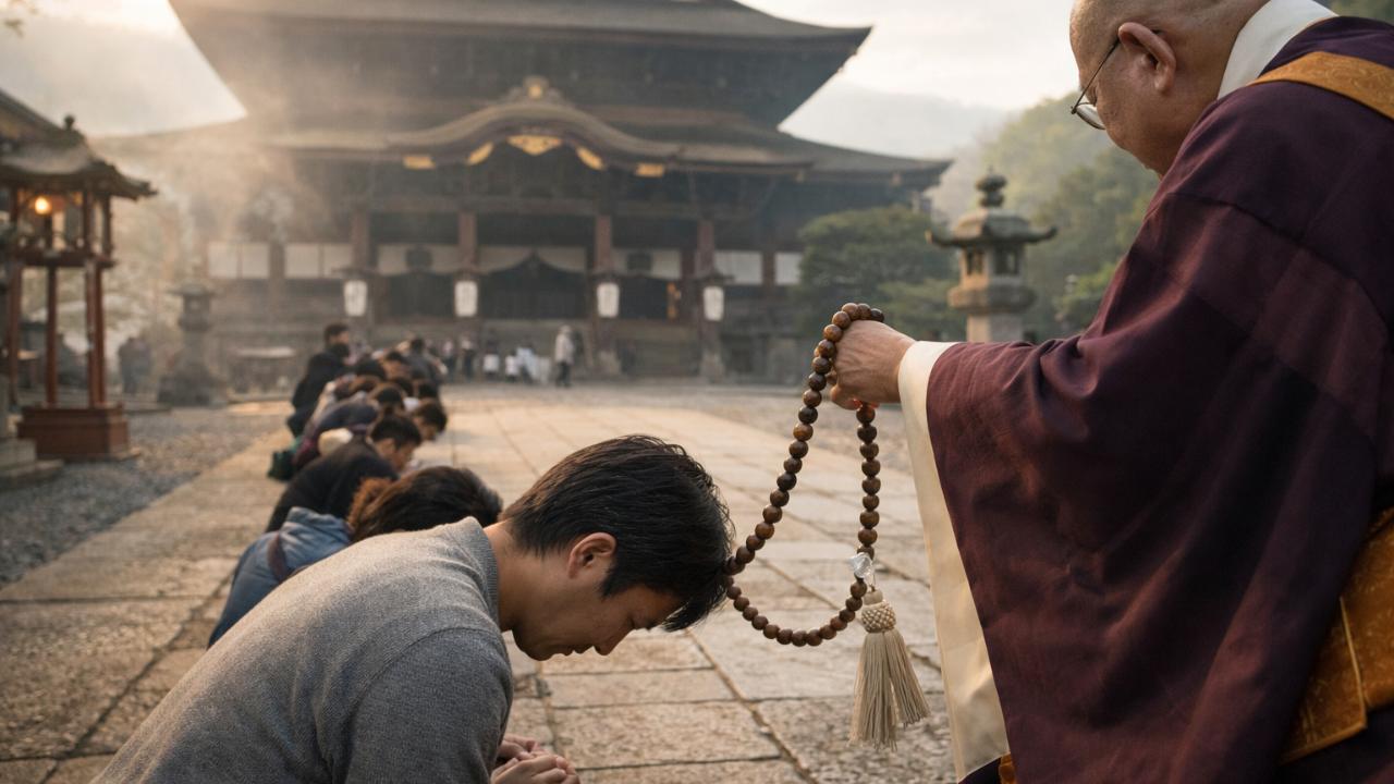 お数珠頂戴を想起させる参道や本堂前の雰囲気写真